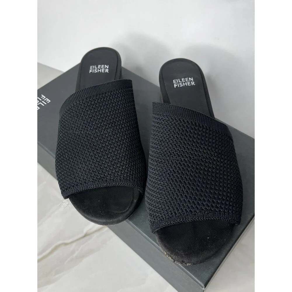 Eileen Fisher Noko Womens Slides Sz 6.5 Low Heel Black Stretch Slip-On Sandals